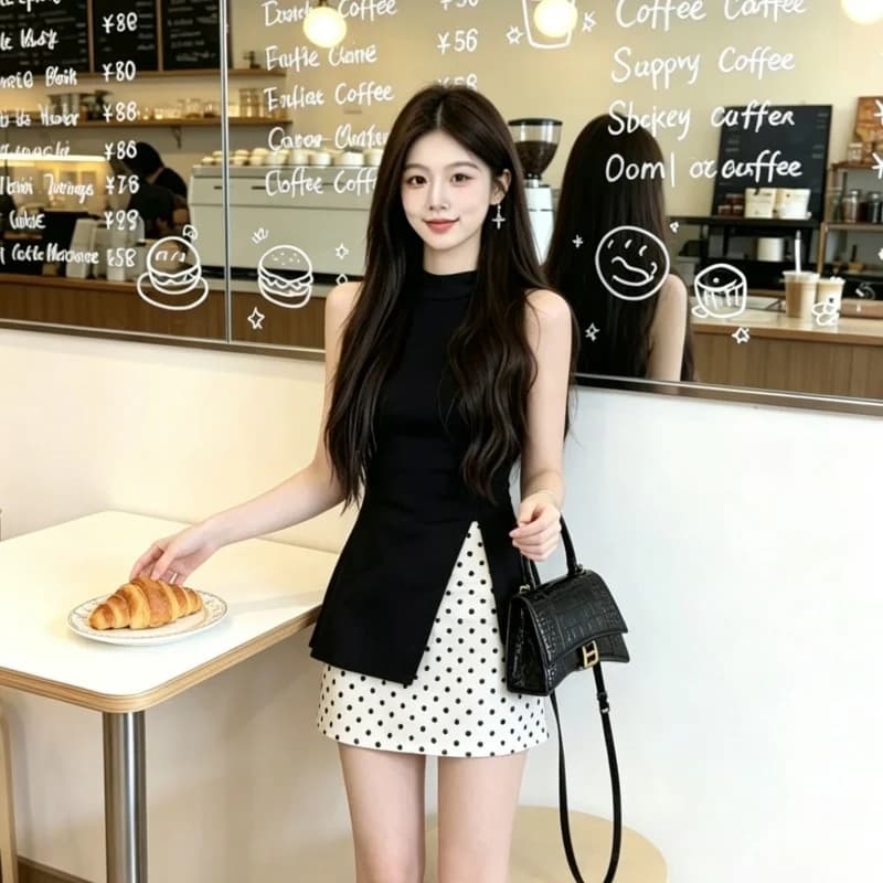 Black Sash Knot Sleeveless Split Vest Women Summer Outerwear Sweet Spicy Top Half Skirt Set Fashionable Chic Style
