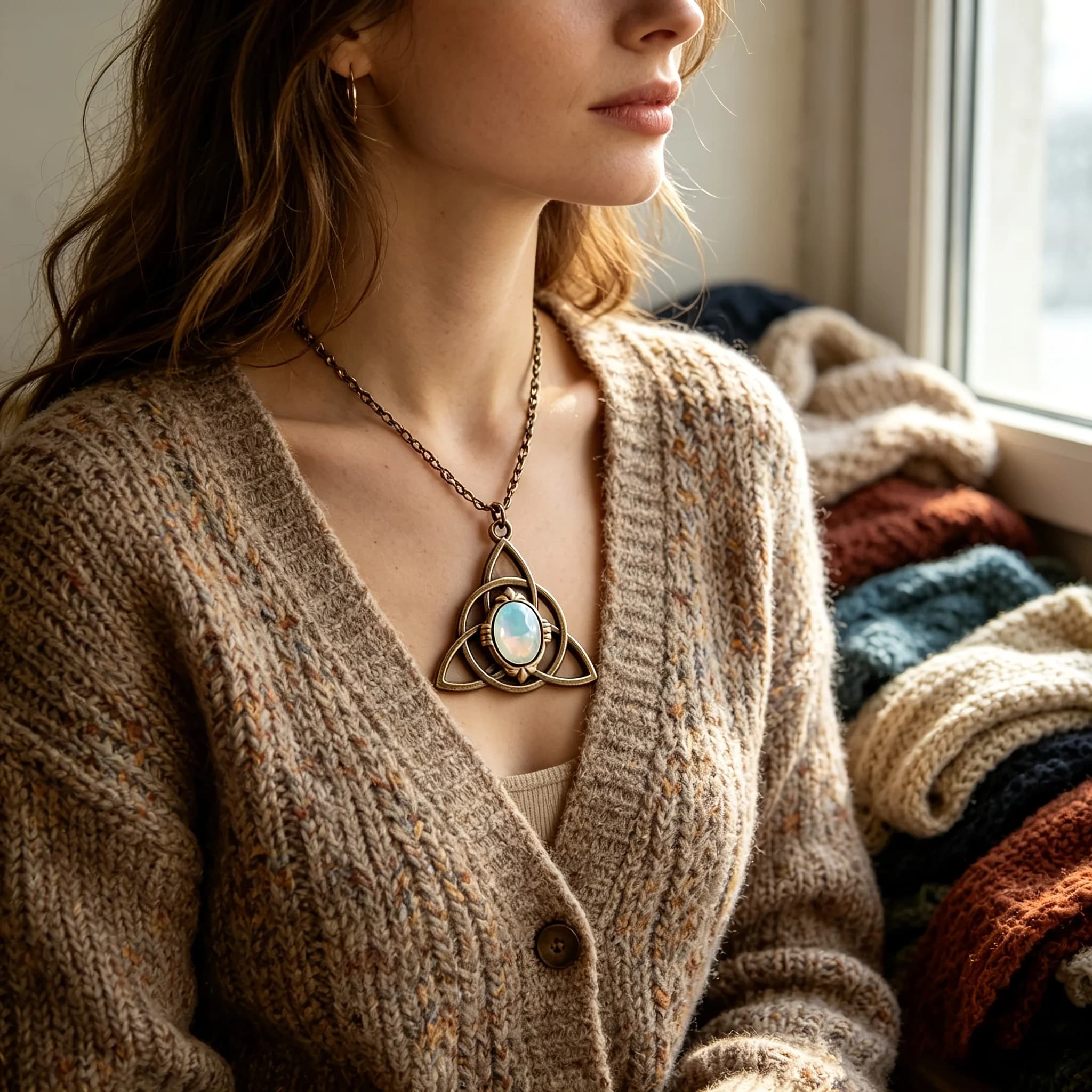 1pc Retro Style Fashion Triangle Knot Pendant Necklace Niche Celtic Knot Literary Style Versatile Clavicle Chain