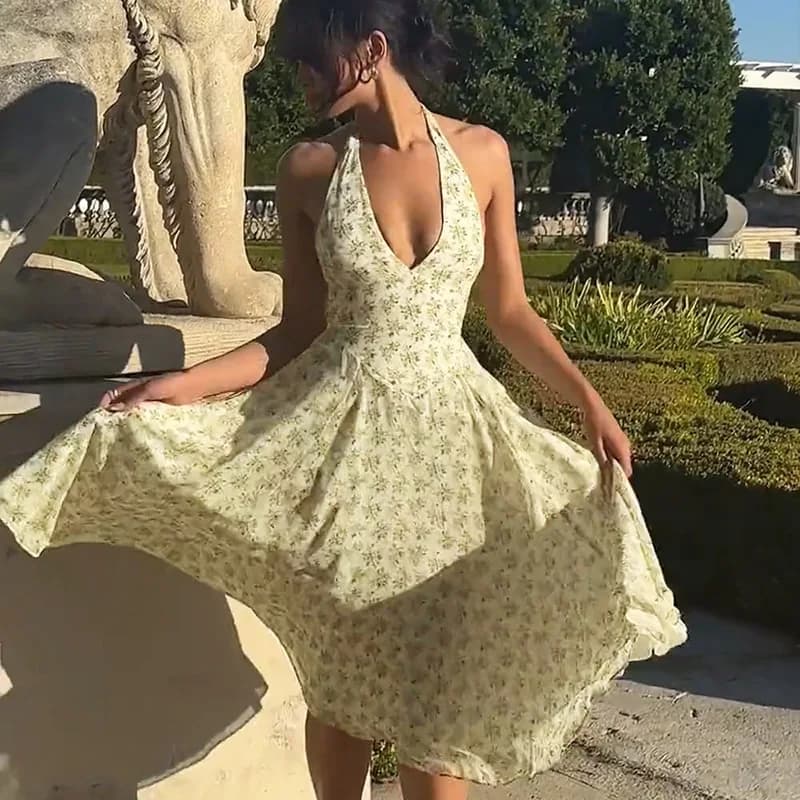 Abbigliamento da donna Autunno Dolce vento Collo senza schienale Appeso Moda Motivo floreale Vita Versatile Abito a pendolo Donna