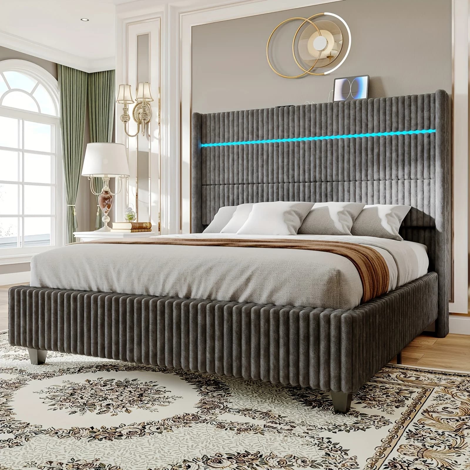 PaPaJet Struttura letto con piattaforma da 60 pollici con luci a LED, testiera Wingback in tessuto di velluto a coste, area di ricarica (Box Spring Opti