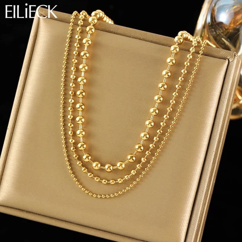 EILIECK 316L Stainless Steel Gold Color Multilayer Beads Chain Necklace For Women Fashion Neck Chain Waterproof Jewelry Gift