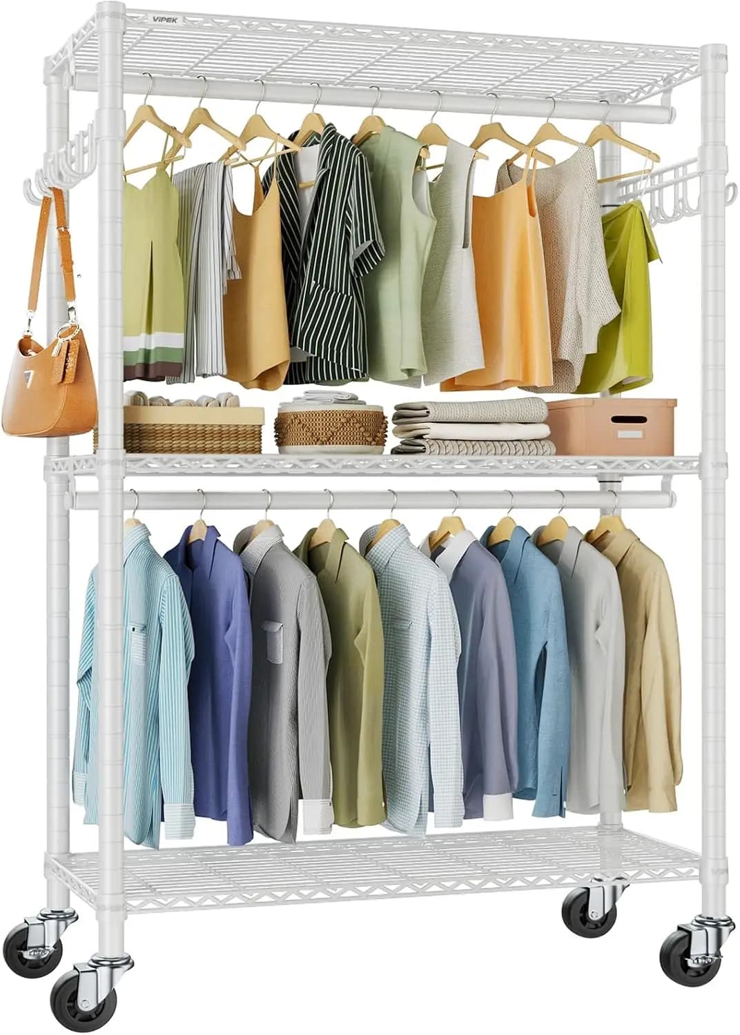 R2 Plus Rolling Garment Rack Heavy Duty Wire Clothing Rack Freestanding Wardrobe Storage Organizer Display Holder Box Tray With Wheels Hanging Rods Shelves For Bedroom Laundry Room, White