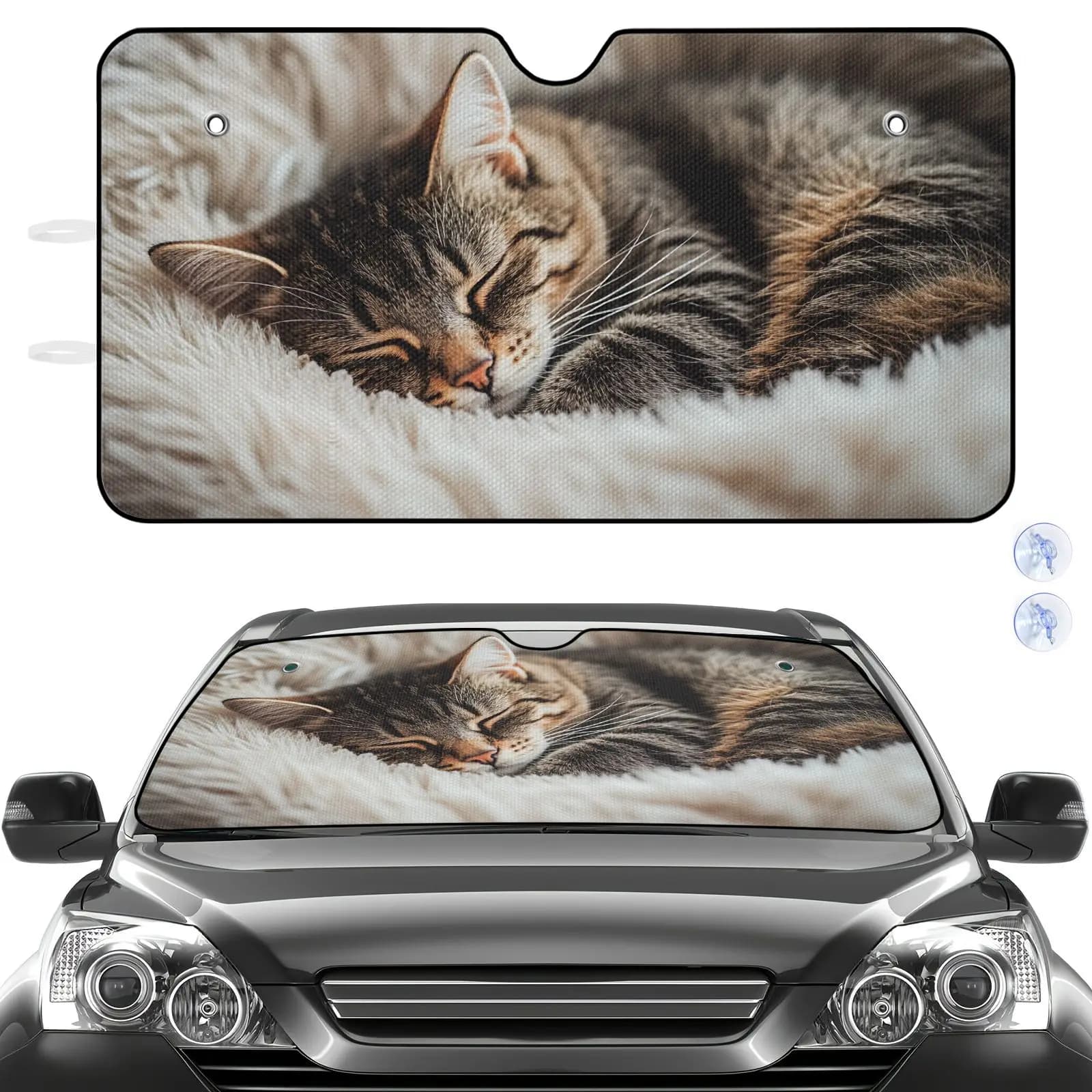 Car Windshield Sun Shade Gray Sleeping Cat On Fluffy Blanket Print For Vehicle Interior Protection