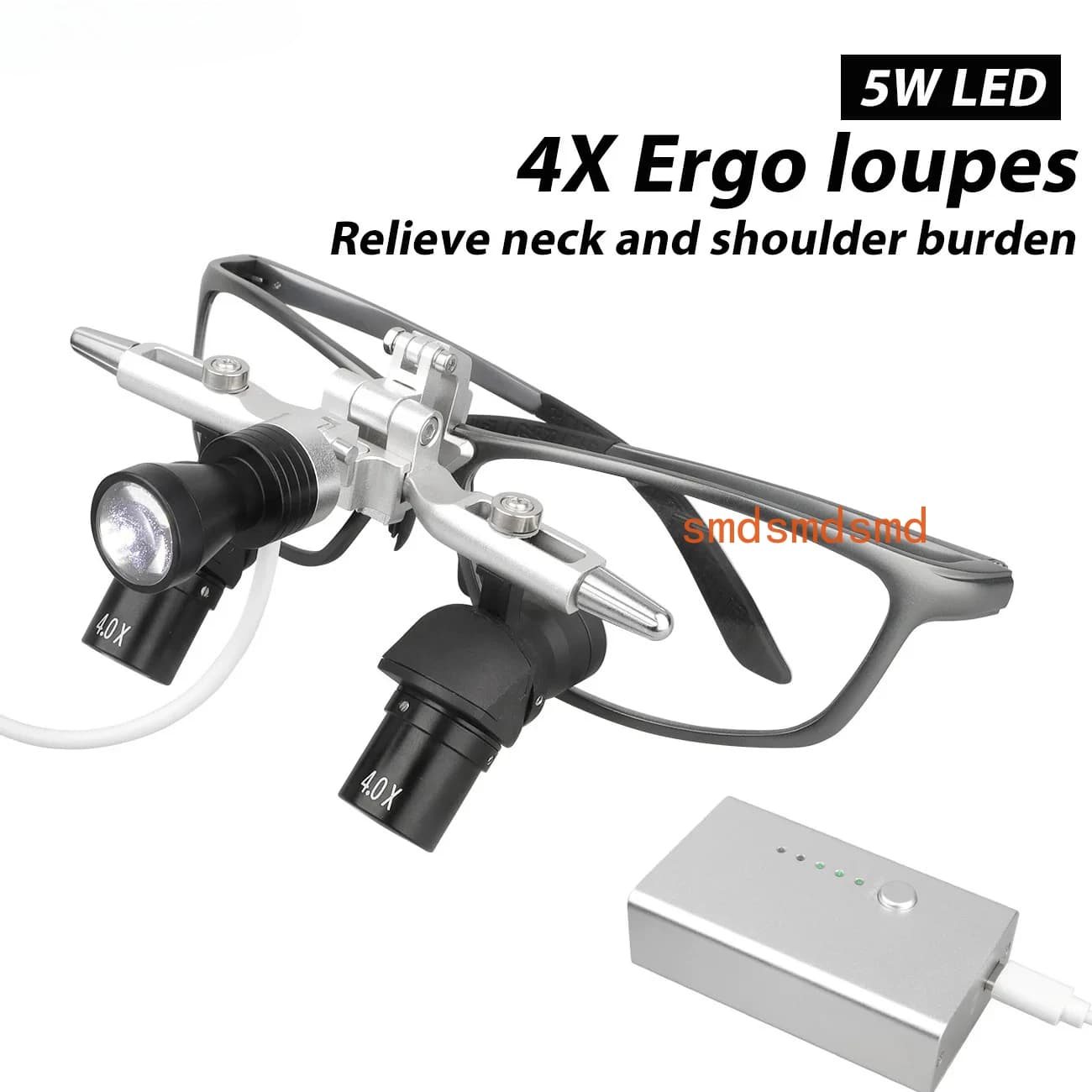 LED Dentale 48 ° Occhiali Ingrandenti Ergonomici 4X con Luce Regolabile 5W, Strumenti Chirurgici per Odontoiatria