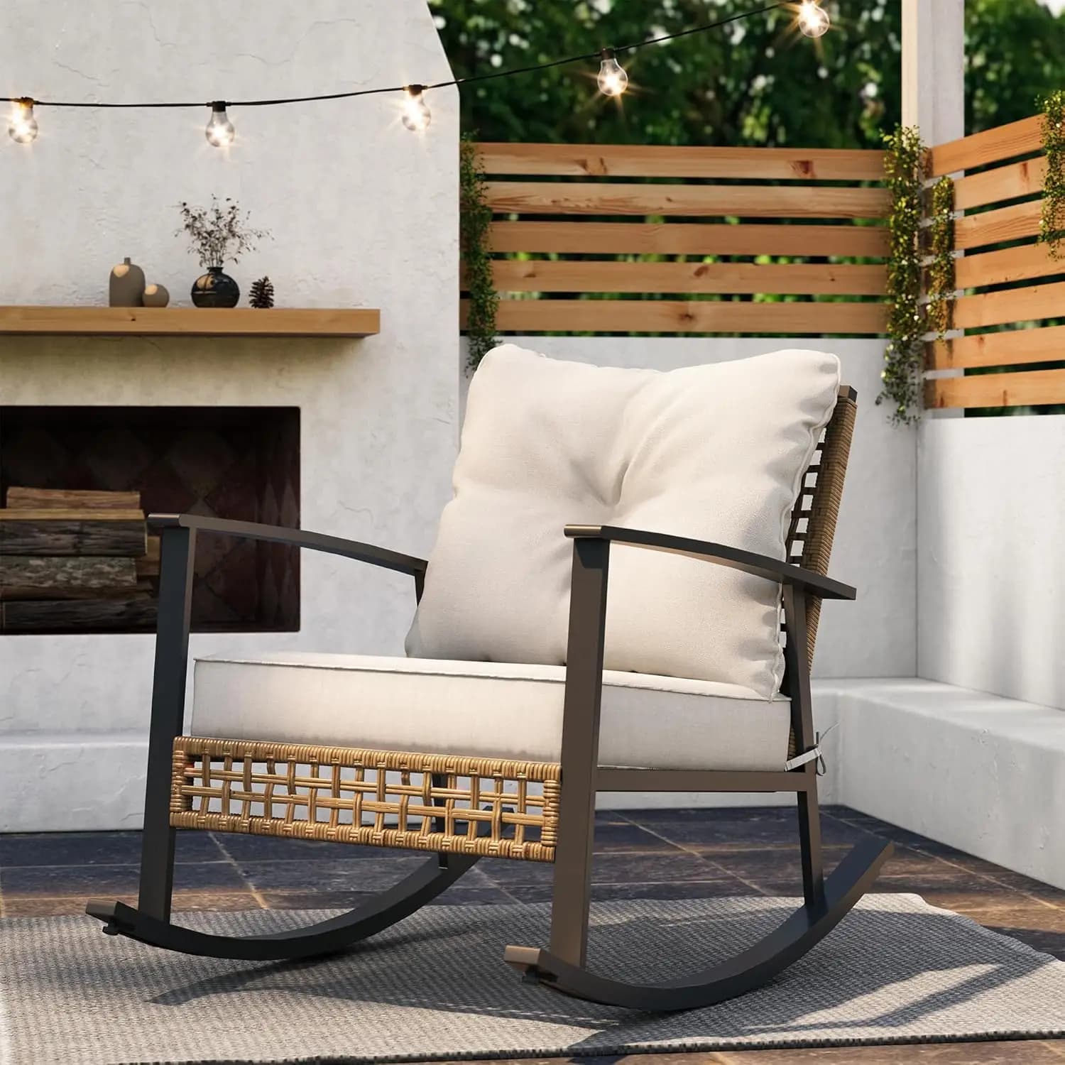 Oversized Outdoor Wicker Rocking Chair Modern Patio Lounge Rocker Equipped Thick Comfort Cushion Backyard Relax Chair