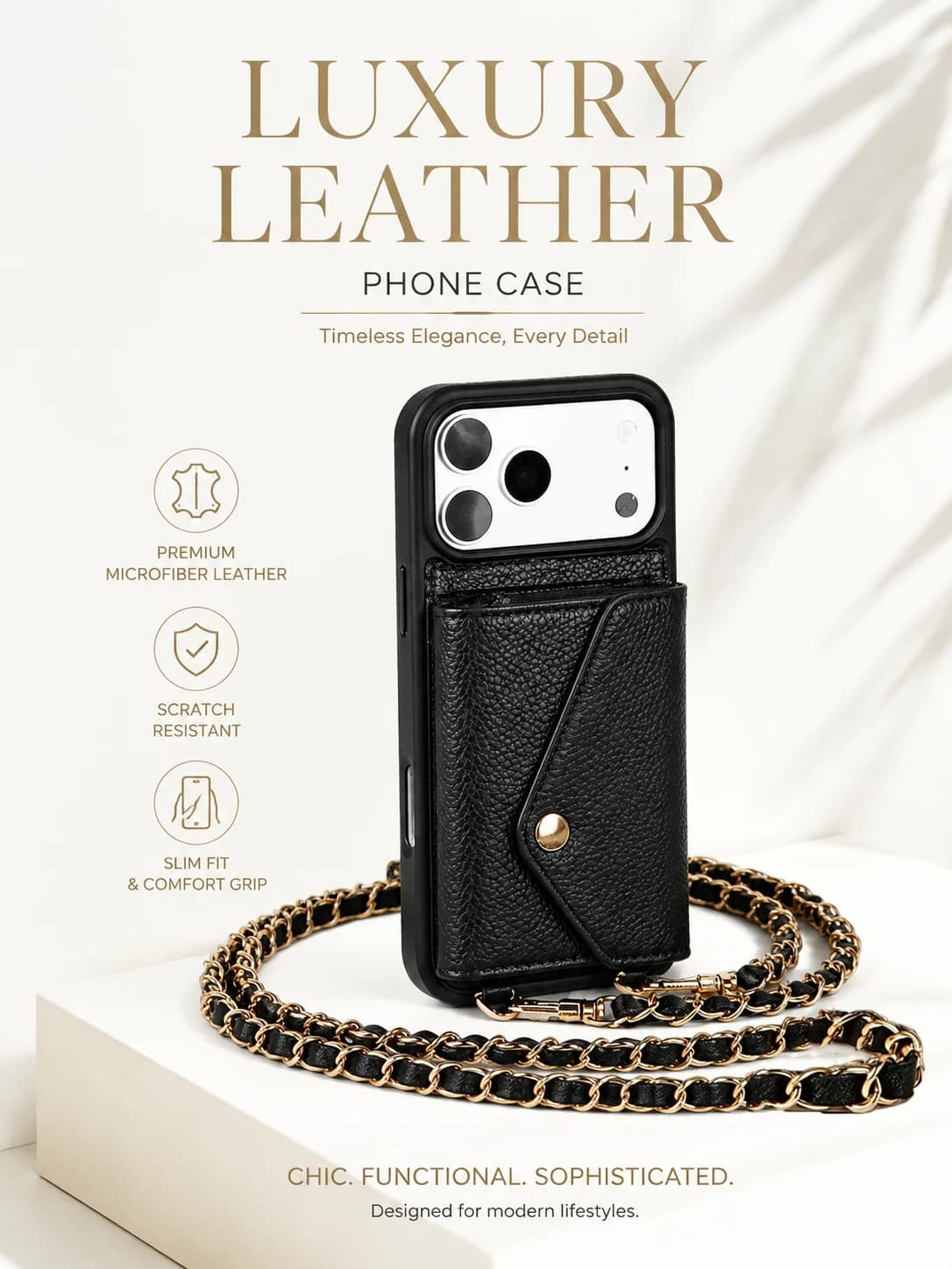 Single Buckle Stylish Microfiber Leather Phone Case with Crossbody Chain Coin&Card Pocket Compatible with iPhone 17/16/15/14/13