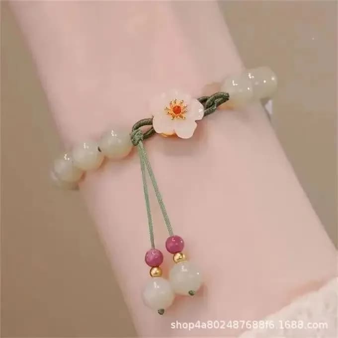 Women's Woven Bracelet with Jade Round Beads & Small Peach Blossom, Unique Design, Best Friend Gift, Beaded Bracelet Gift