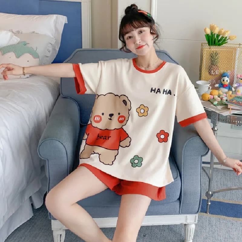 Sweet and cute nightwear for women slim short sleeve cartoon bear pajamas or neck pullover student pyjamas pajamas set Korean