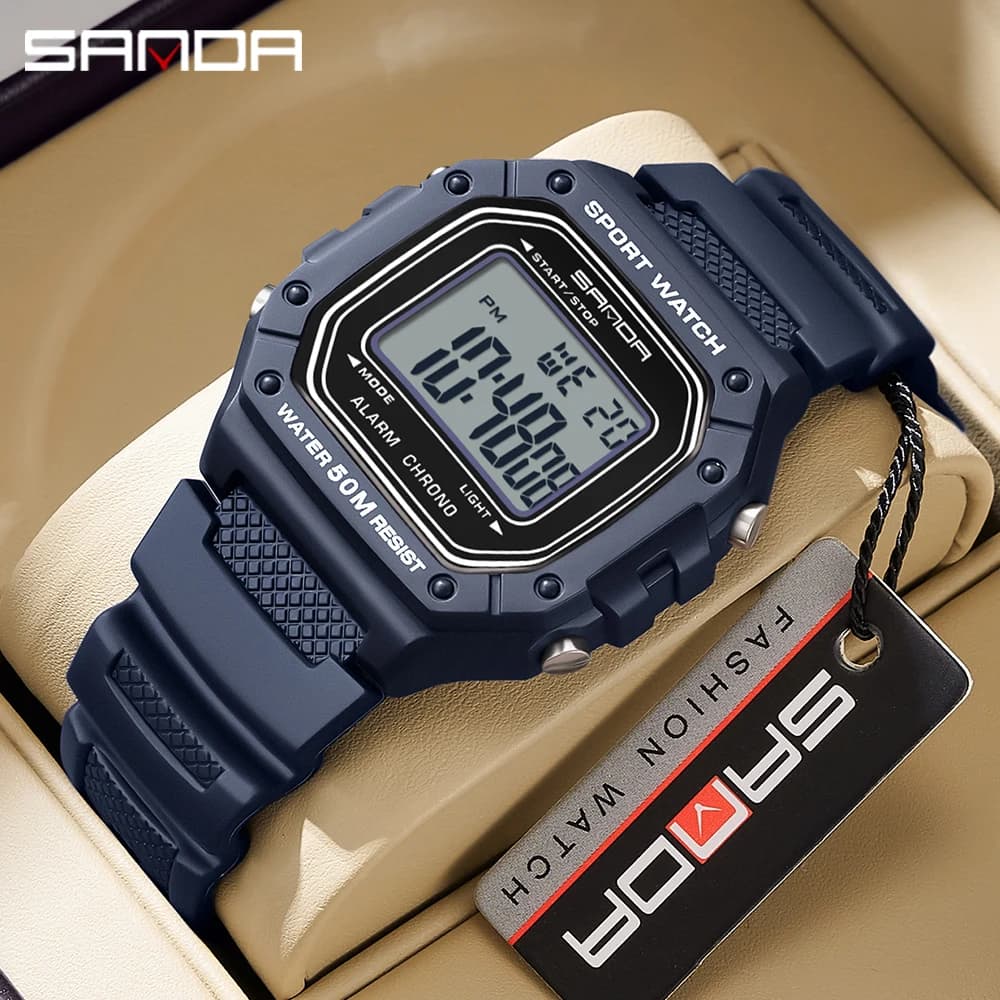 SANDA Fashion 2156 Orologio elettronico da uomo Movimento rettangolare sportivo Display a LED impermeabile Quadrante con schermo Orologio elettronico da uomo