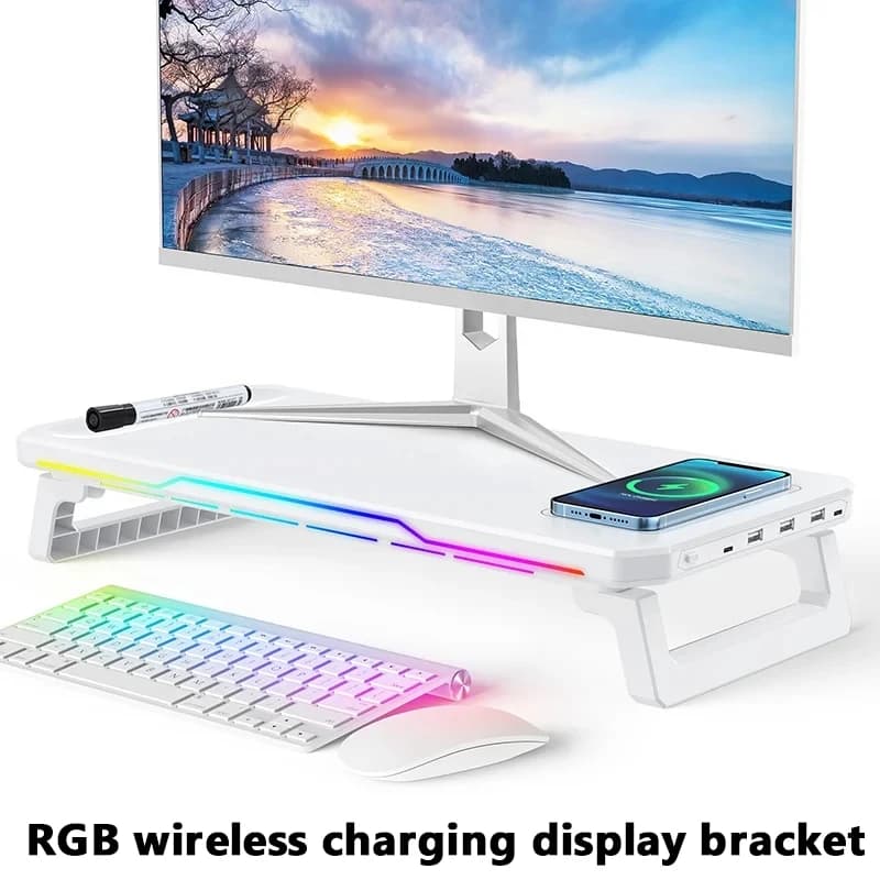 Rechargeable table monitor support with RGB light effect Support for height 3 USB 2.0 Universal storage rack for laptop with wireless charging
