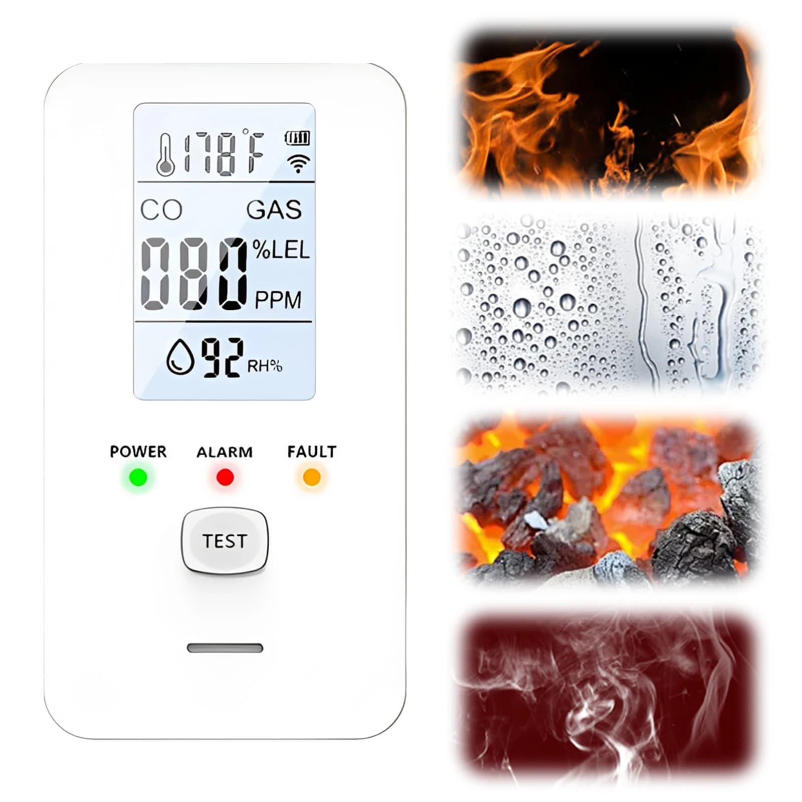 Rilevatore di Anidride Carbonica con Display Digitale 4 in 1, Rilevatore di Gas Naturale Combustibile, Allarme Antifumo Combinato per Casa, Camper, Viaggi, Hotel