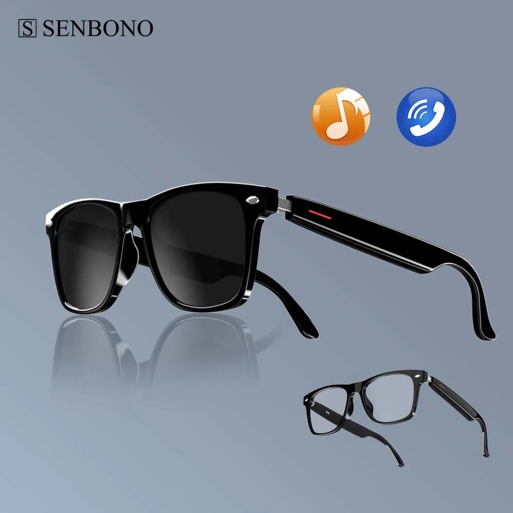 Smart Glasses SENBONO E13: Polarized sunglasses lenses with blue light filtering Audio Microphone and integrated speakers Touch and Voice Assist