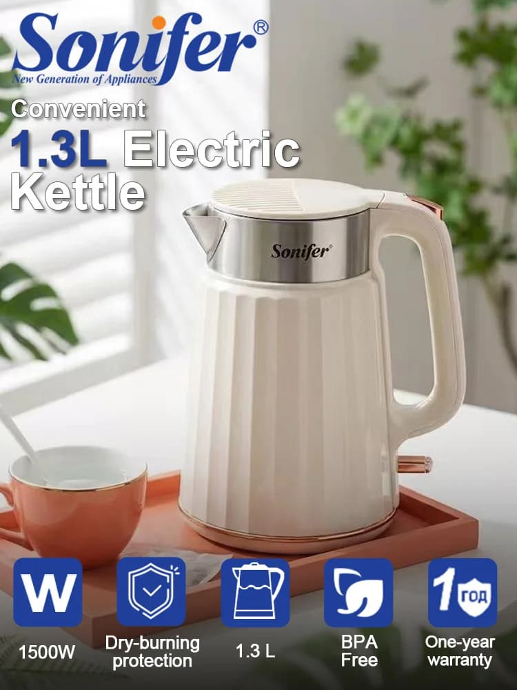 Electric Kettle Sonifer SF-2112 1.3L 1500W 304 Stainless Steel Water Boiler Auto Shut Off Dry Boil Protection Home Kitchen