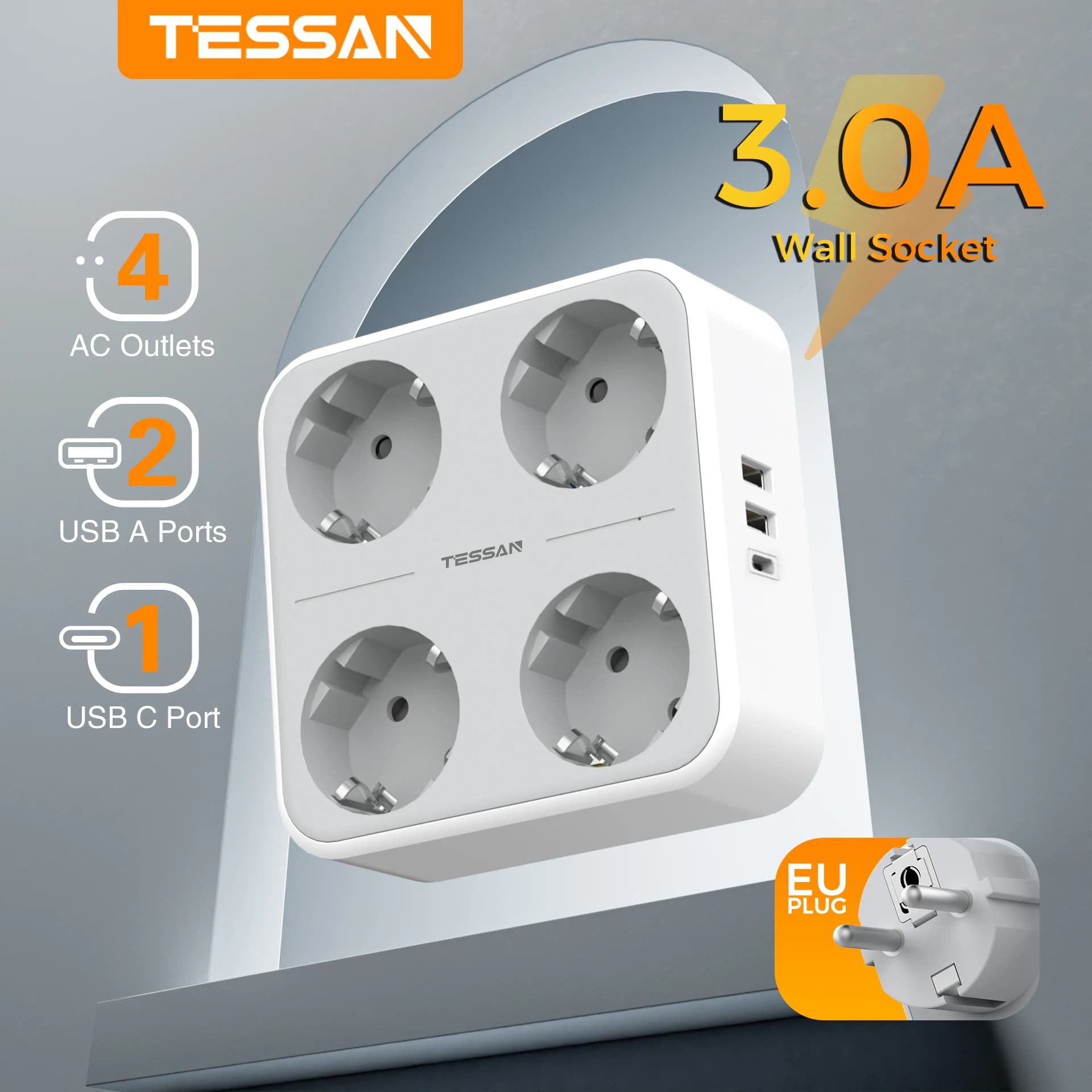 TESSAN Prolunga per presa multipla a muro con 4 prese +2 USB +1 tipo C Adattatore per presa 7 in 1 con protezione da sovraccarico dell'interruttore