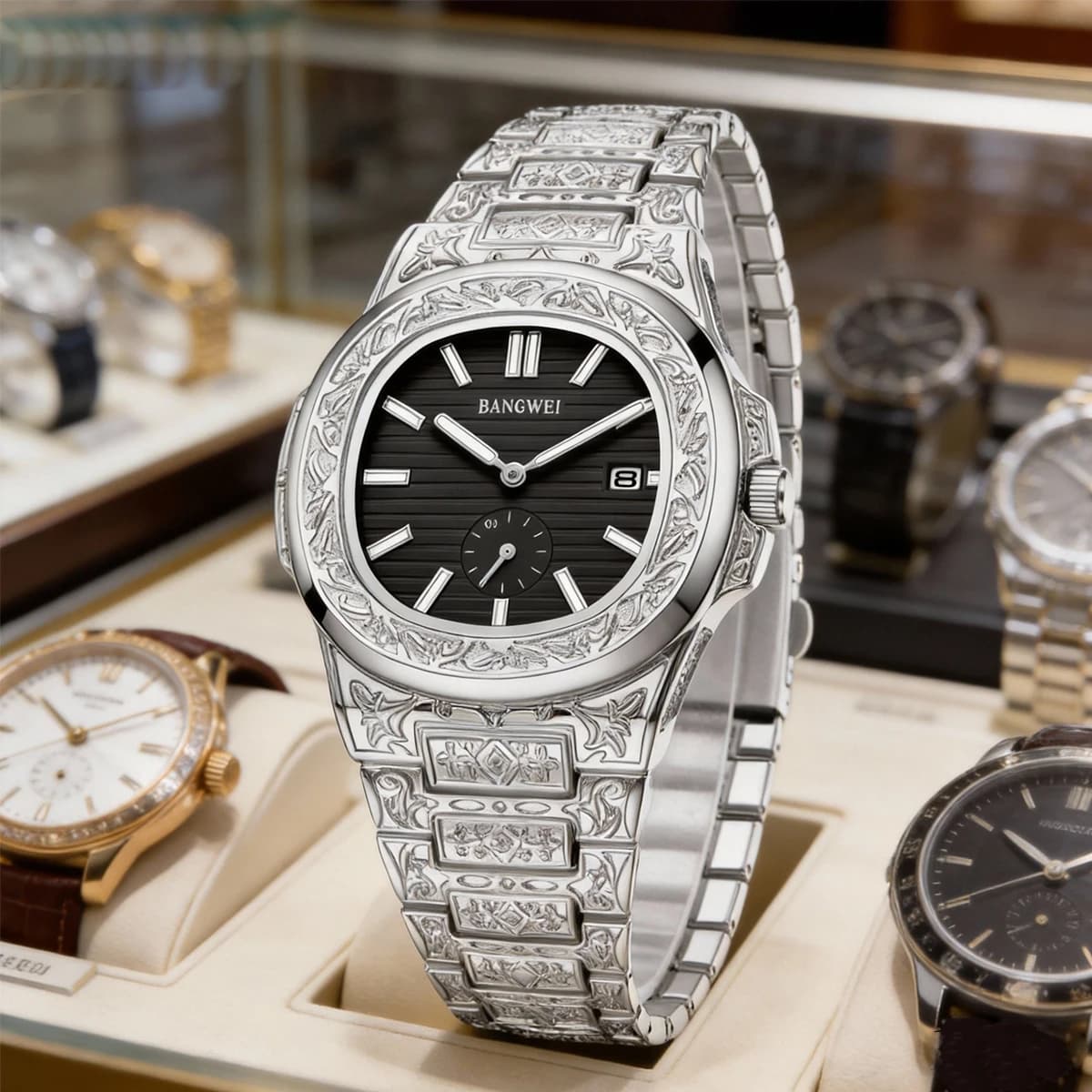 Orologio da Uomo BANGWEI di Lusso, Elegante, Impermeabile, con Data e Giorno della Settimana, al Quarzo, in Acciaio Inossidabile