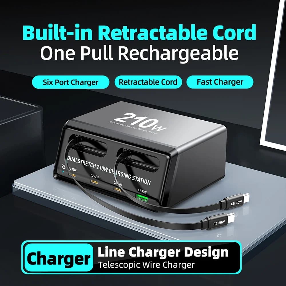 Caricabatterie GaN da 210 W PD USB Tipo C PPS Stazione di ricarica rapida con cavo retrattile per iPhone 16 17 Telefoni cellulari Samsung Tablet