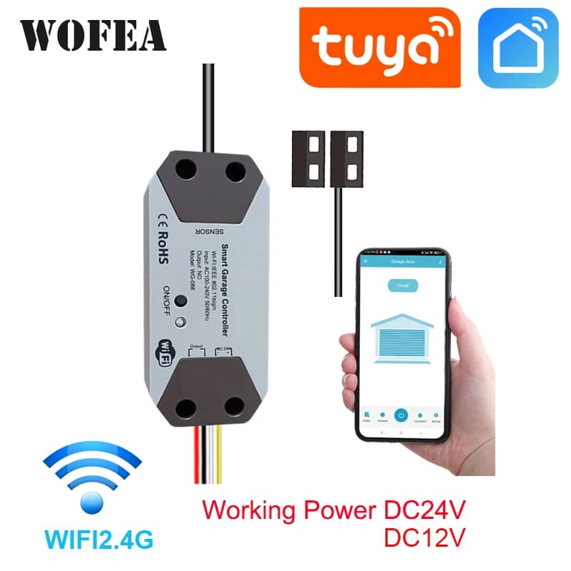 Wofea WiFi Smart Garage Door Opener Controller DC12/DC24V Works with Alexa Google Home 2.4G APP No gateway required