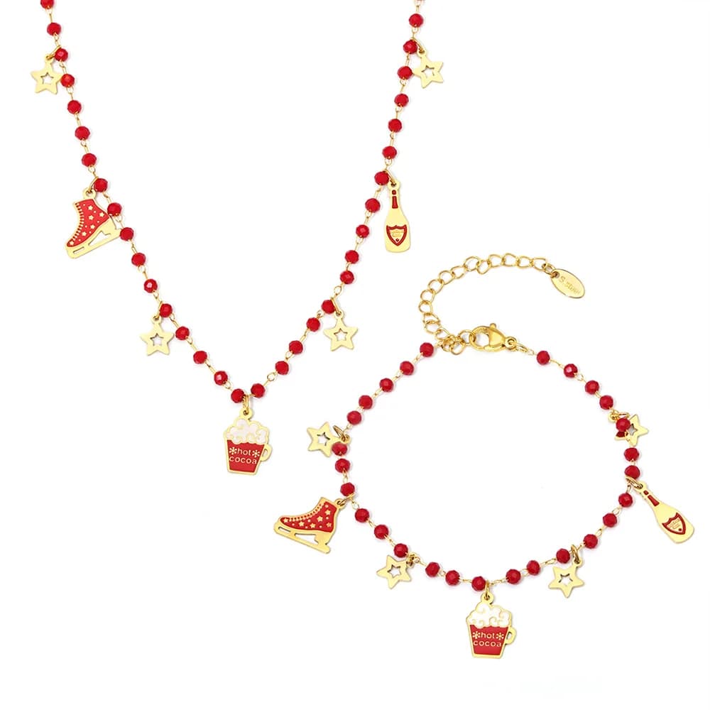 Collane e Bracciali Star Beer Ice Skates per Donna, Set Gioielli Natalizi con Catena a Maglie in Acciaio Inossidabile 316L e Perle di Granato Rosso, Regali