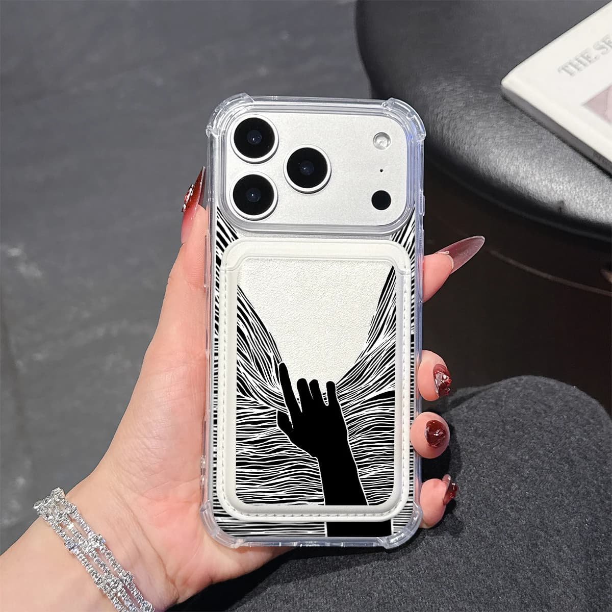 Custodia per telefono Wave Hand per iPhone 17 16 15 14 13 Pro Max Plus, con tasca portafoglio, trasparente, in morbido TPU, compatibile con custodie magnetiche