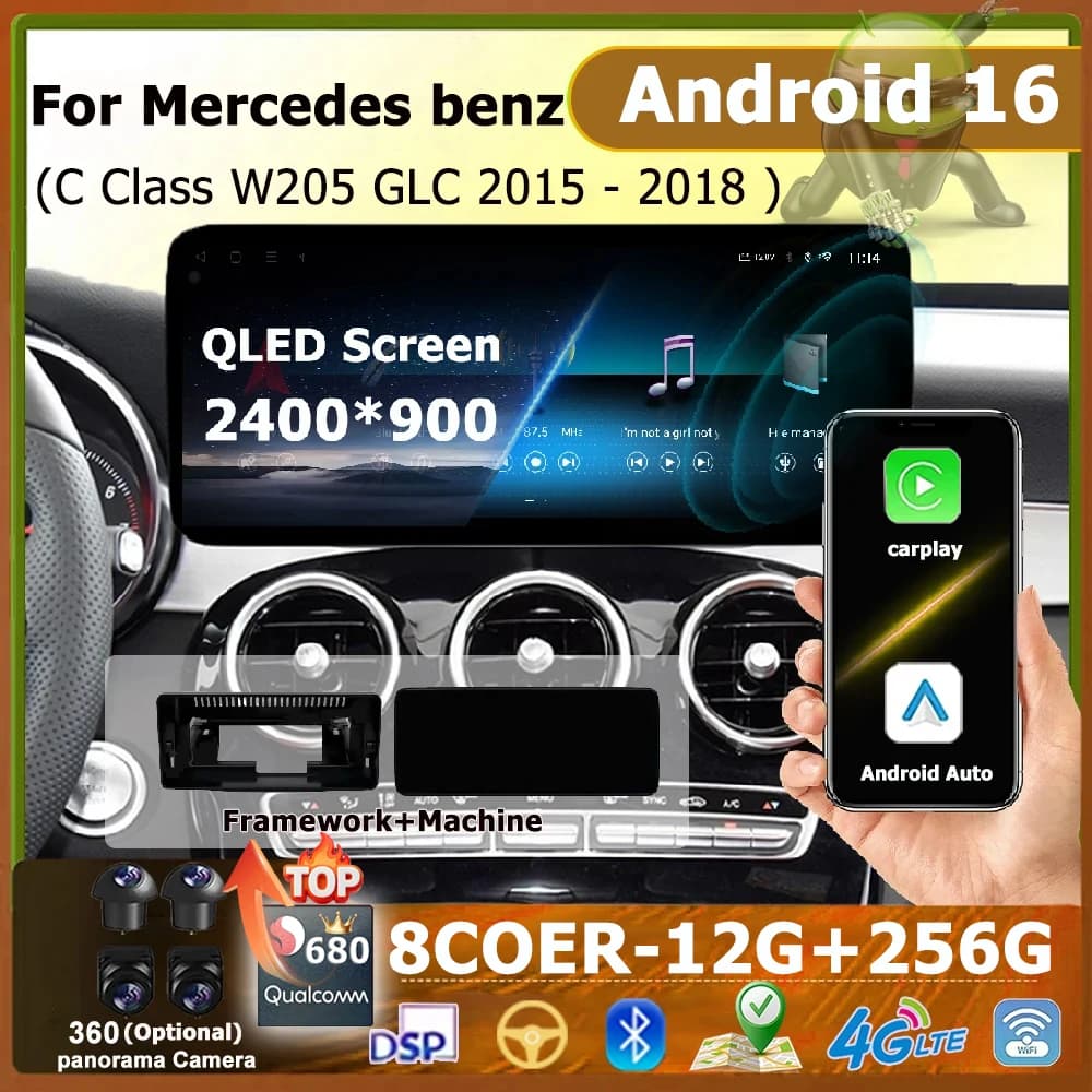 Wireless Carplay Android 16 WIFI Car Video Multimedia For Benz C Class W205 GLC 2015 - 2018 Player QLED Screen GPS Navi BT DSP