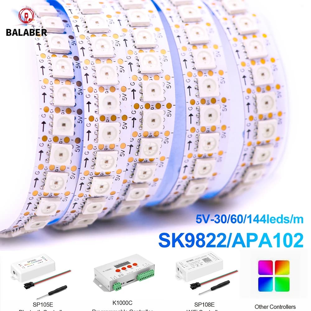 Striscia LED RGB SK9822 Simile a APA102, Luce LED Indirizzabile IP30/65/67 Impermeabile con Orologio Dati Separato, 30/60/144 LED/M 5V