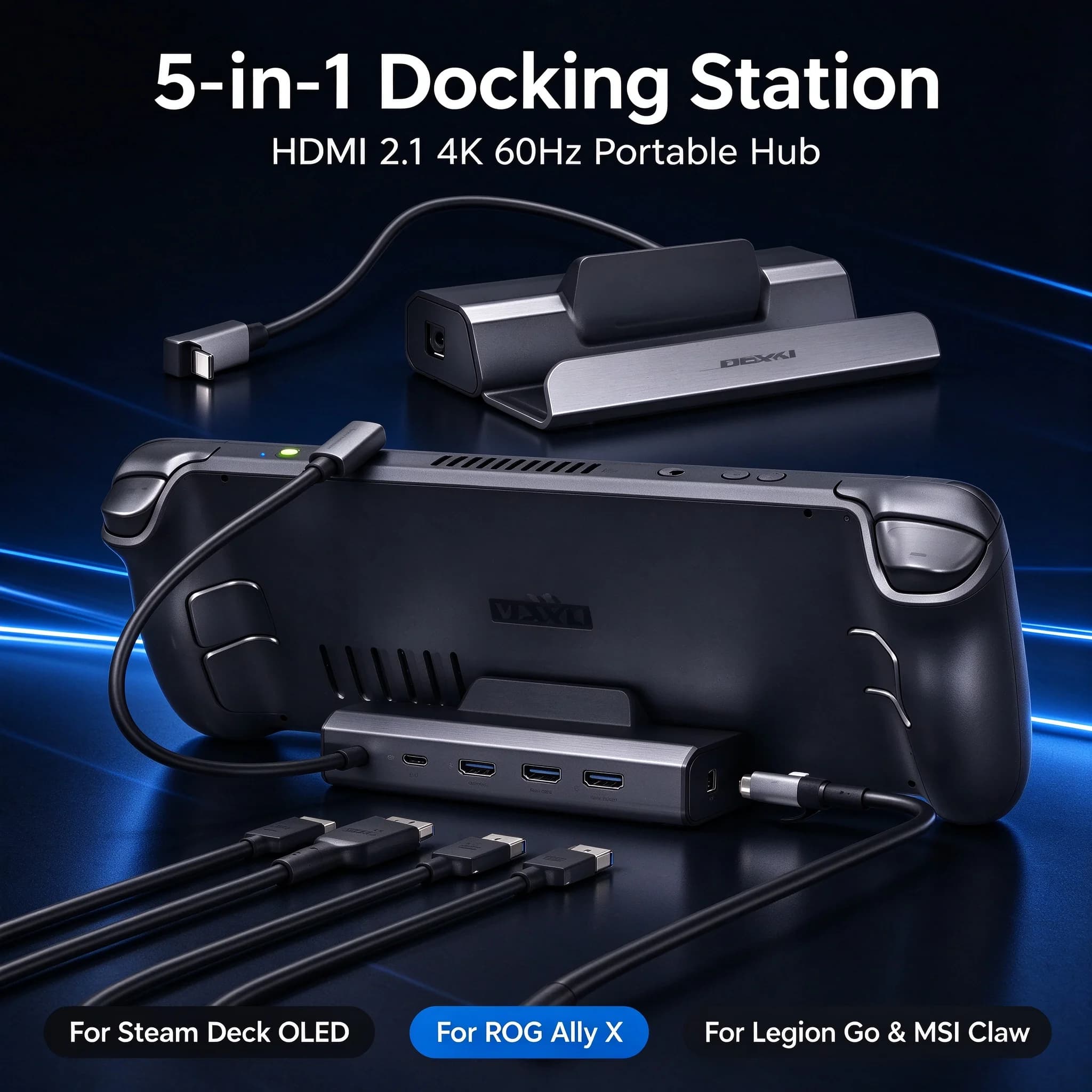 Multifunctional 5 in 1 Steam Deck Docking Station, HDMI2.1 4K 60Hz Portable Hub for ROG Ally X Legion Go MSI Claw Game Console