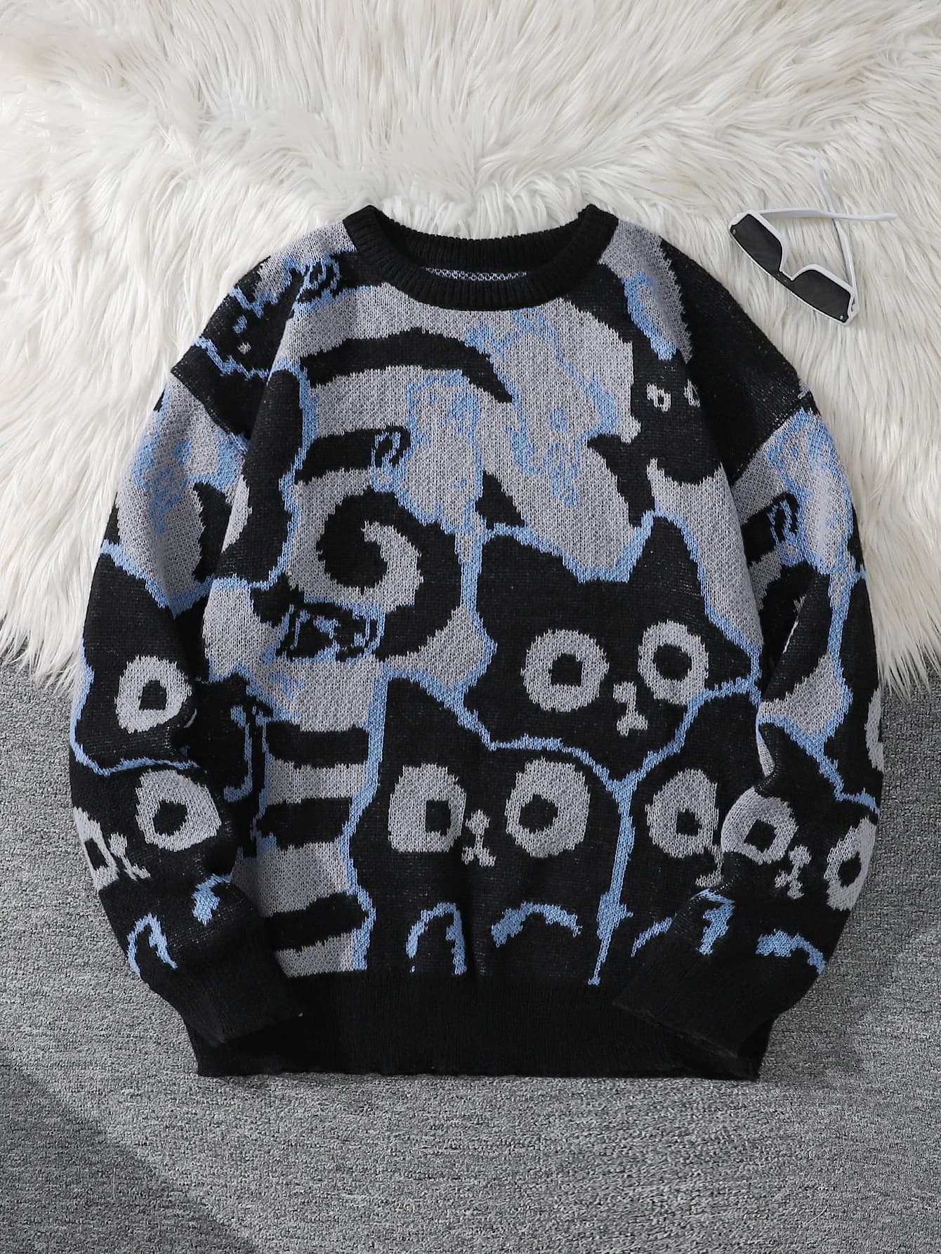 Autumn and Winter Abstract Cat Jacquard Double-Sided Pattern Pullover Sweater Casual Round-Neck Knit Men's Pullover Sweater Suitable for Daily Wear Unisex Outerwear