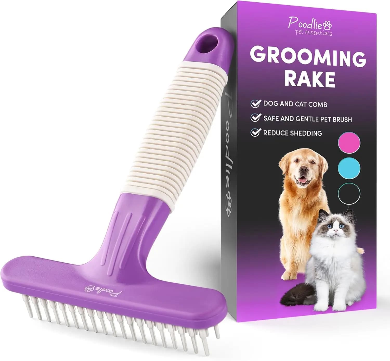 Rastrello per toelettatura animali con pettine in acciaio inossidabile, rimuove delicatamente il pelo in eccesso dal sottopelo, manico viola