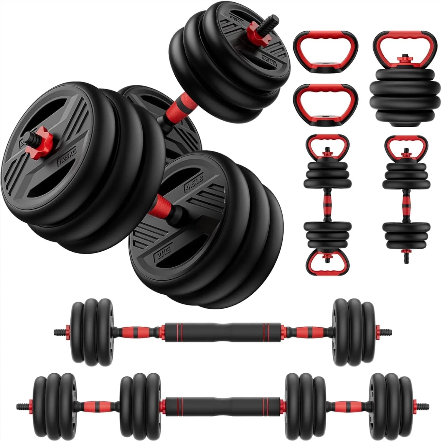 Set di manubri regolabili 20-90 libbre, pesi liberi 5-in-1 con bilanciere, kettlebell, supporto per flessioni, dischi pesi per palestra domestica