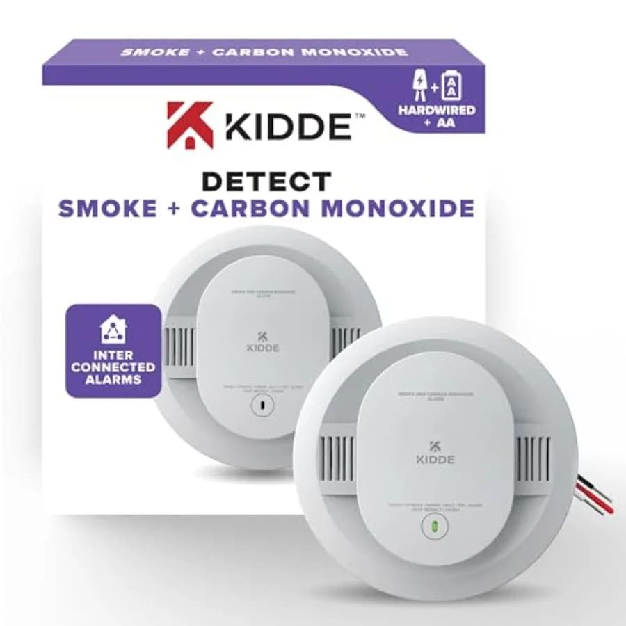 Smoke and Carbon Monoxide Detector for home safety, plastic housing, white color, hardwired with AA battery backup and intercon