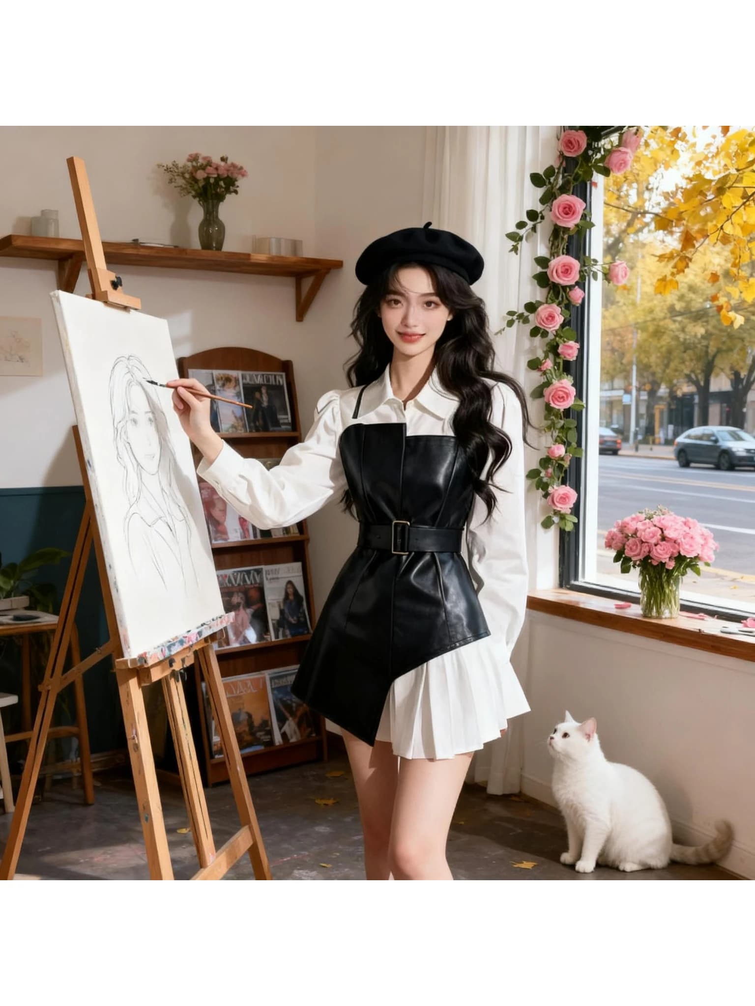 Elegant Black Splice Dress with Belt High Waist A-Line Skirt Polyester Fabric Long Sleeve round Neck Casual Autumn New Arrival