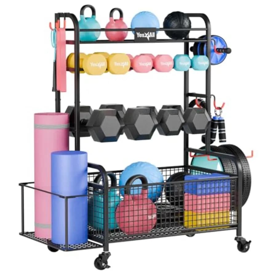Handlebar and weight holder for home gym, black steel, handlebar organizer, kettlebell, yoga mats, foam rollers and A balls