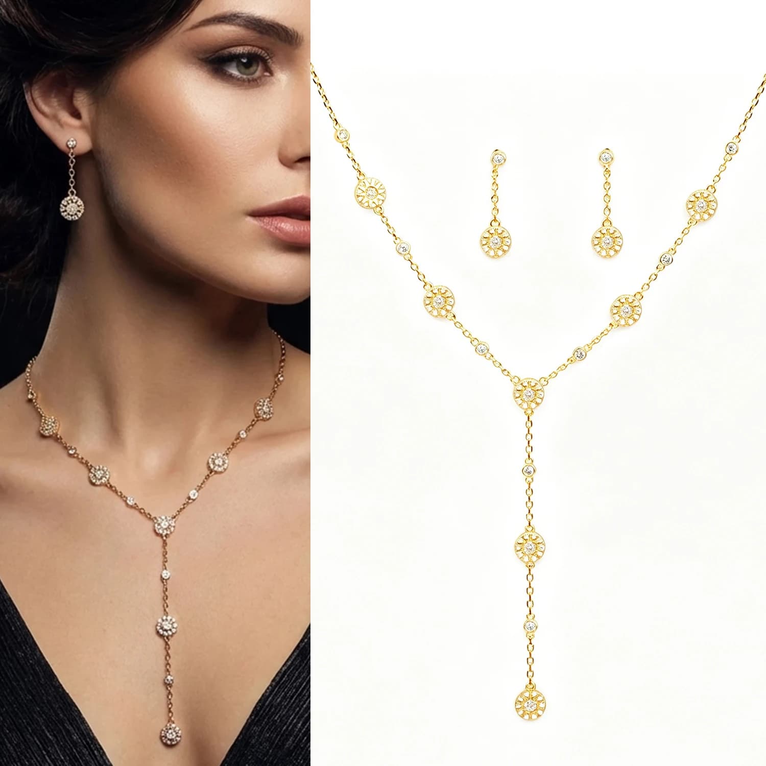 Set di Gioielli di Lusso Placcati Oro con Zirconi CZ a Forma di Fiore, Collana a Y e Orecchini Scintillanti con Piccoli Fiori per Donna, Ideale per Matrimoni e Feste