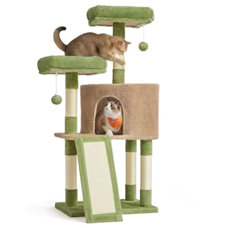 Albero per Gatti da 115 cm con Cuccia in Peluche, Tiragraffi, Rampa, Posatoio e Grotta Spaziosa per Piccoli Spazi, Verde Erba e Marrone Cammello
