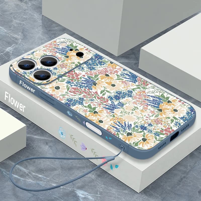 Retro Flower Pattern Lanyard Phone Case For iPhone 17 Pro Max 17e 16 15 14 13 Pro Max 17 16 Pro 16e 11 Shockproof TPU Soft Cover