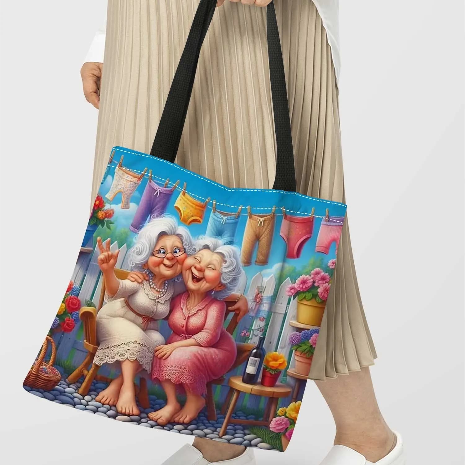 Borsa tote della nonna allegra da 1 pezzo - Design vibrante dei cartoni animati con donne anziane sorridenti, viaggi, sport - Regalo perfetto per le donne