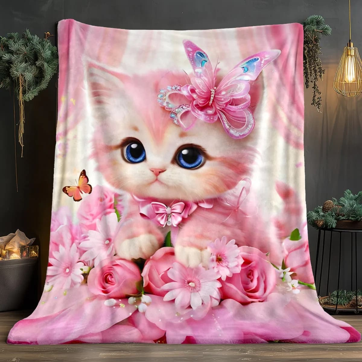 Coperta in flanella con stampa HD di gatto con fiori rosa, morbida e calda per viaggi, campeggio, divano, soggiorno, poltrona, letto, regalo