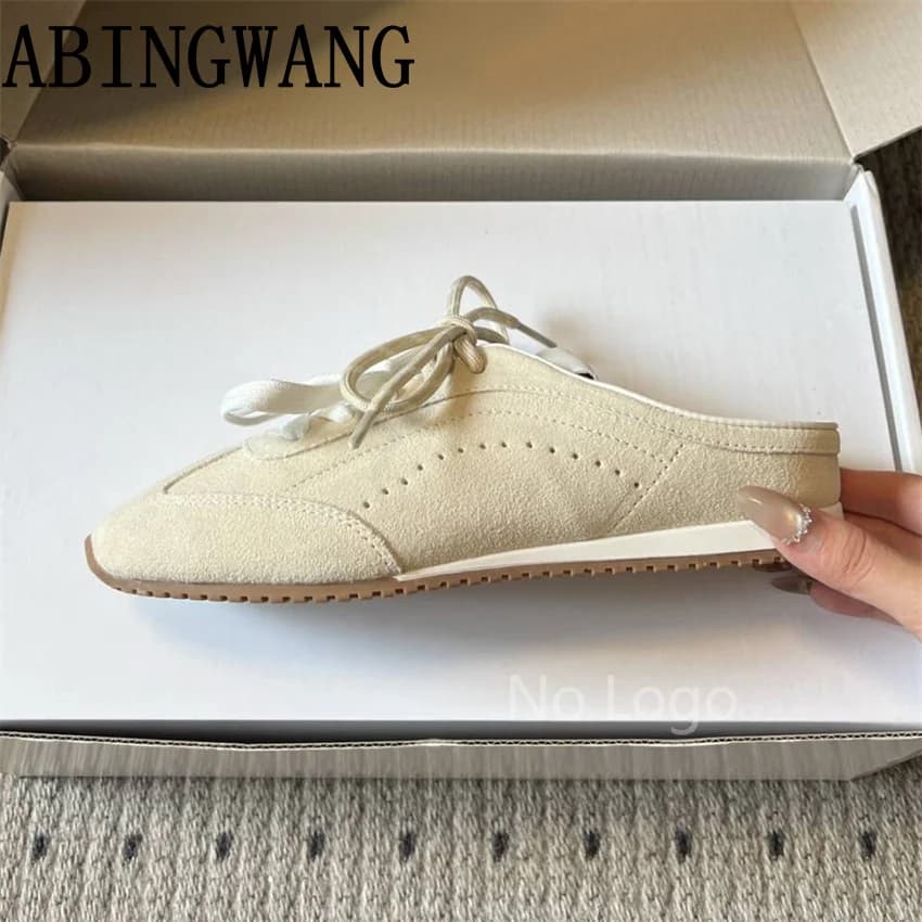 2026 Spring Summer New Suede Half Slippers Women Slip On Round Toe Lace Up Mules Casual Sneakers Flats Slippers Mujer