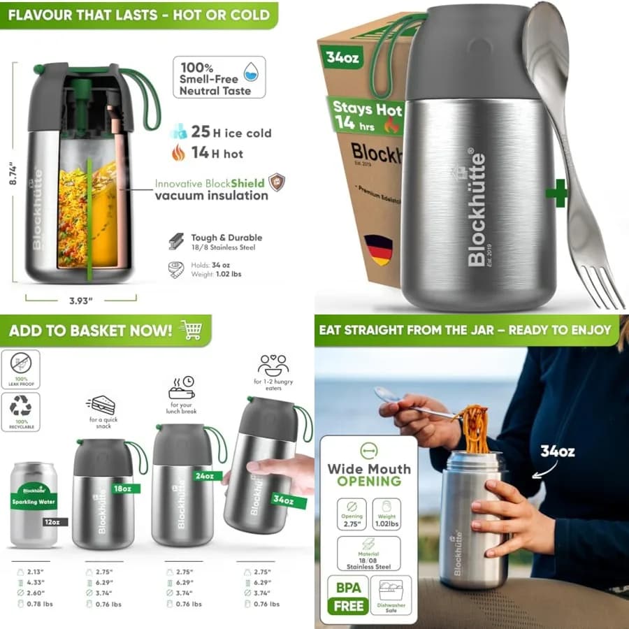 Thermos per Alimenti Caldi - Contenitore Termico in Acciaio Inox da 34 oz, Thermos per Zuppa a Prova di Perdite, Barattolo Isolato per Alimenti con Apertura Larga