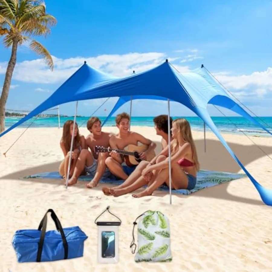 Tenda a baldacchino, ombrellone da spiaggia con protezione UPF50+, riparo solare portatile da campeggio con sacchi di sabbia, pali, picchetti e corde antivento