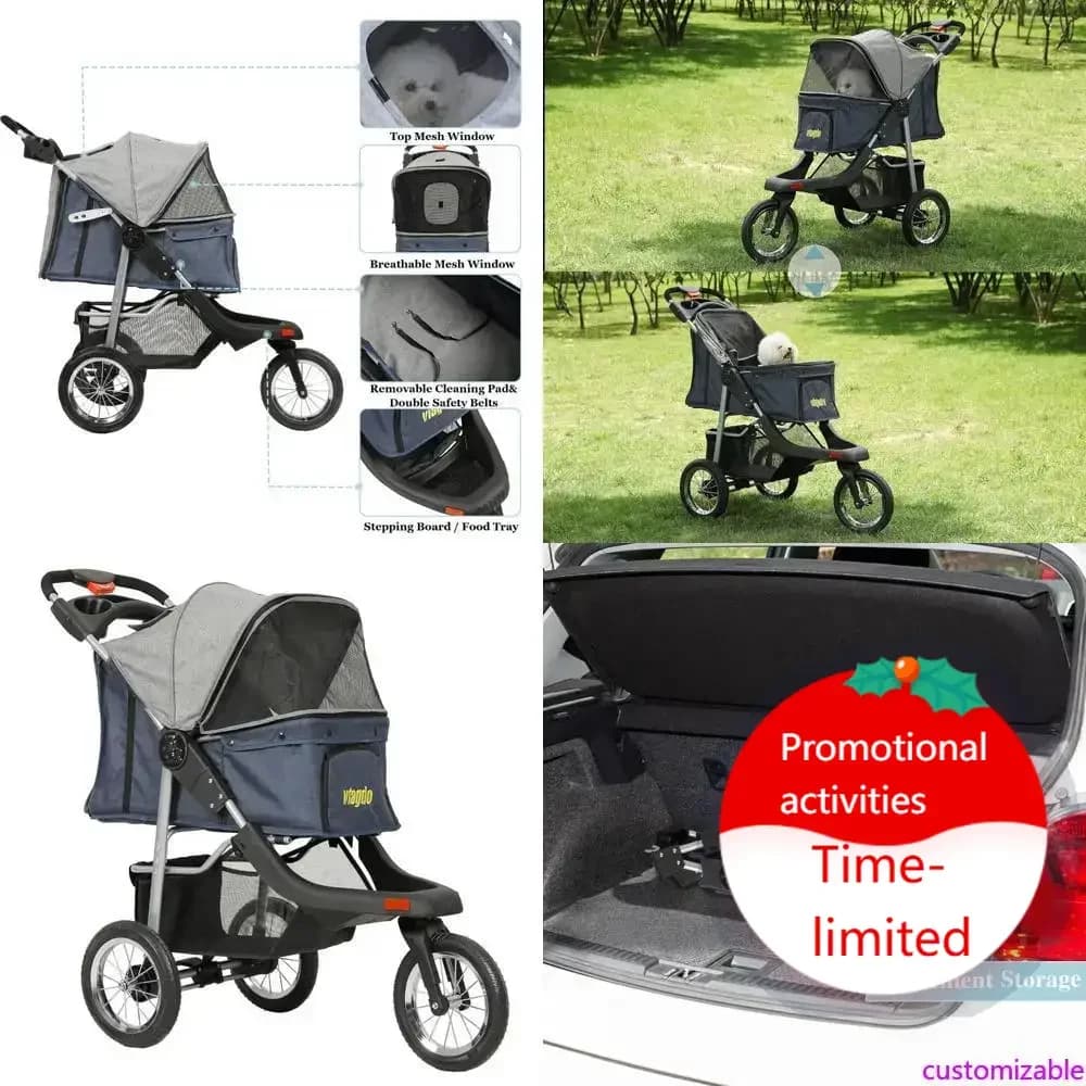 Passeggino a tre ruote robusto per cani e gatti di taglia piccola e media, pieghevole e con sospensioni, in offerta speciale.