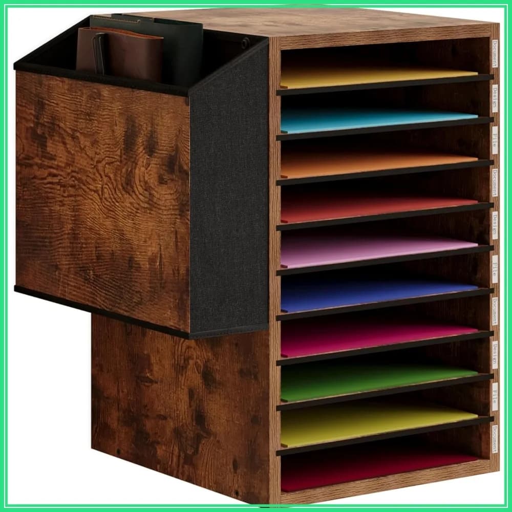 Organizzatore di posta in legno, porta documenti a 10 livelli con borsa laterale, portaoggetti regolabile per scrivania, marrone