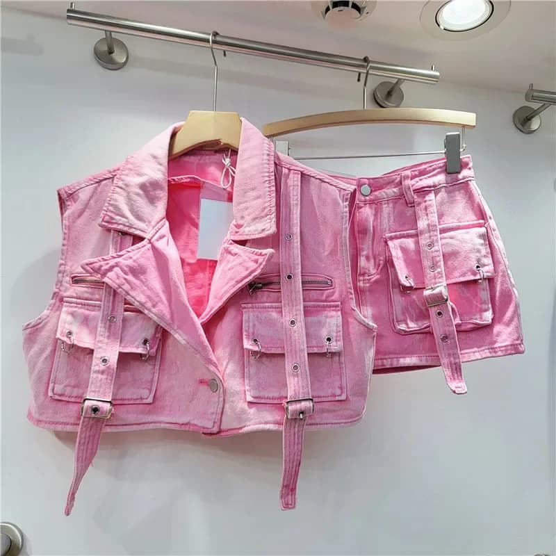 YEAE Retro Rose Large Pocket Design Tools Denim Dress Sleeveless Short Waist skirt High tide