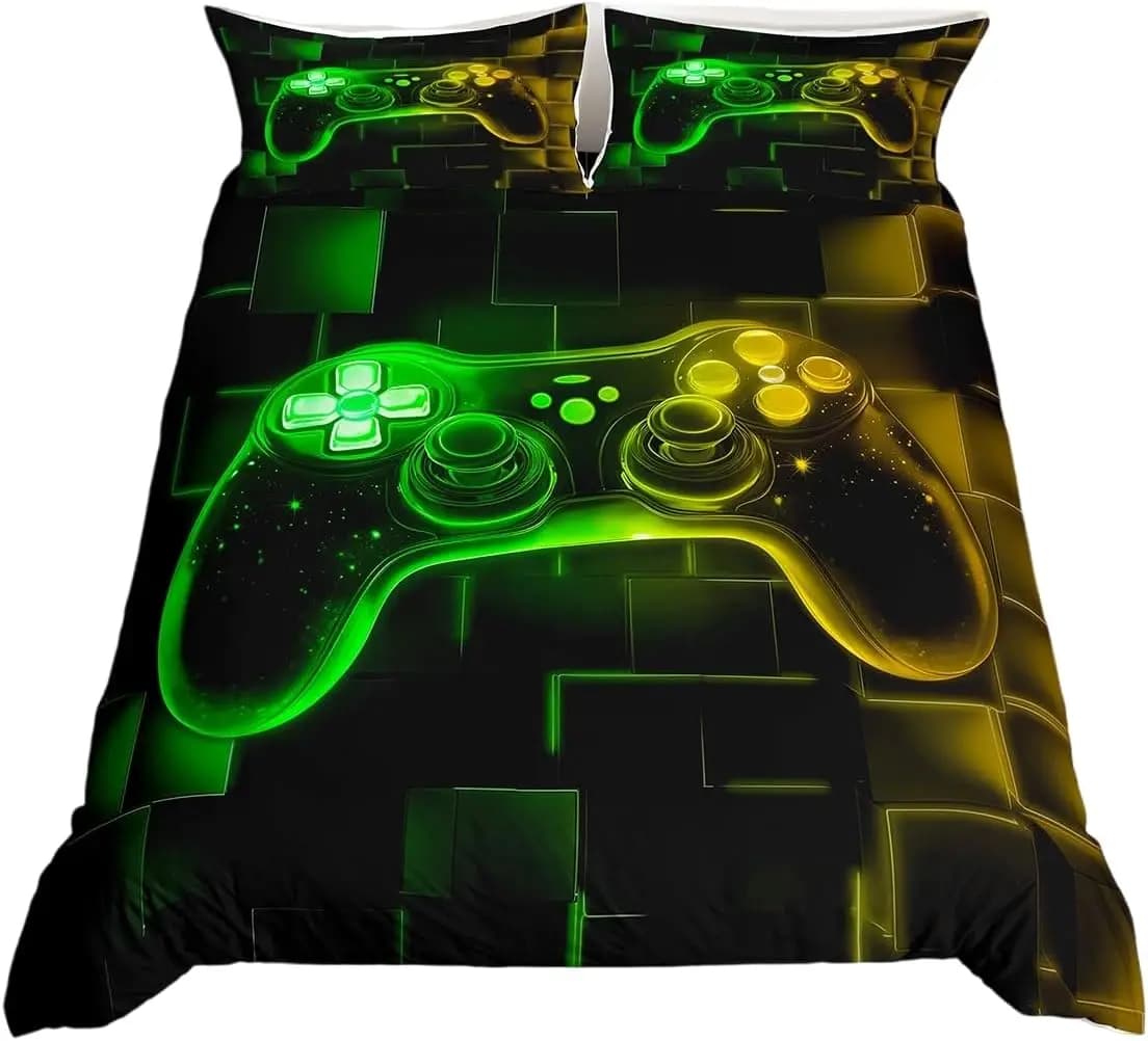Kids Gamer King Size Duvet Cover Sets Boys Gaming Bedding With 2 Pillowcases Yellow Green Neon Gamepad Quilt Cover