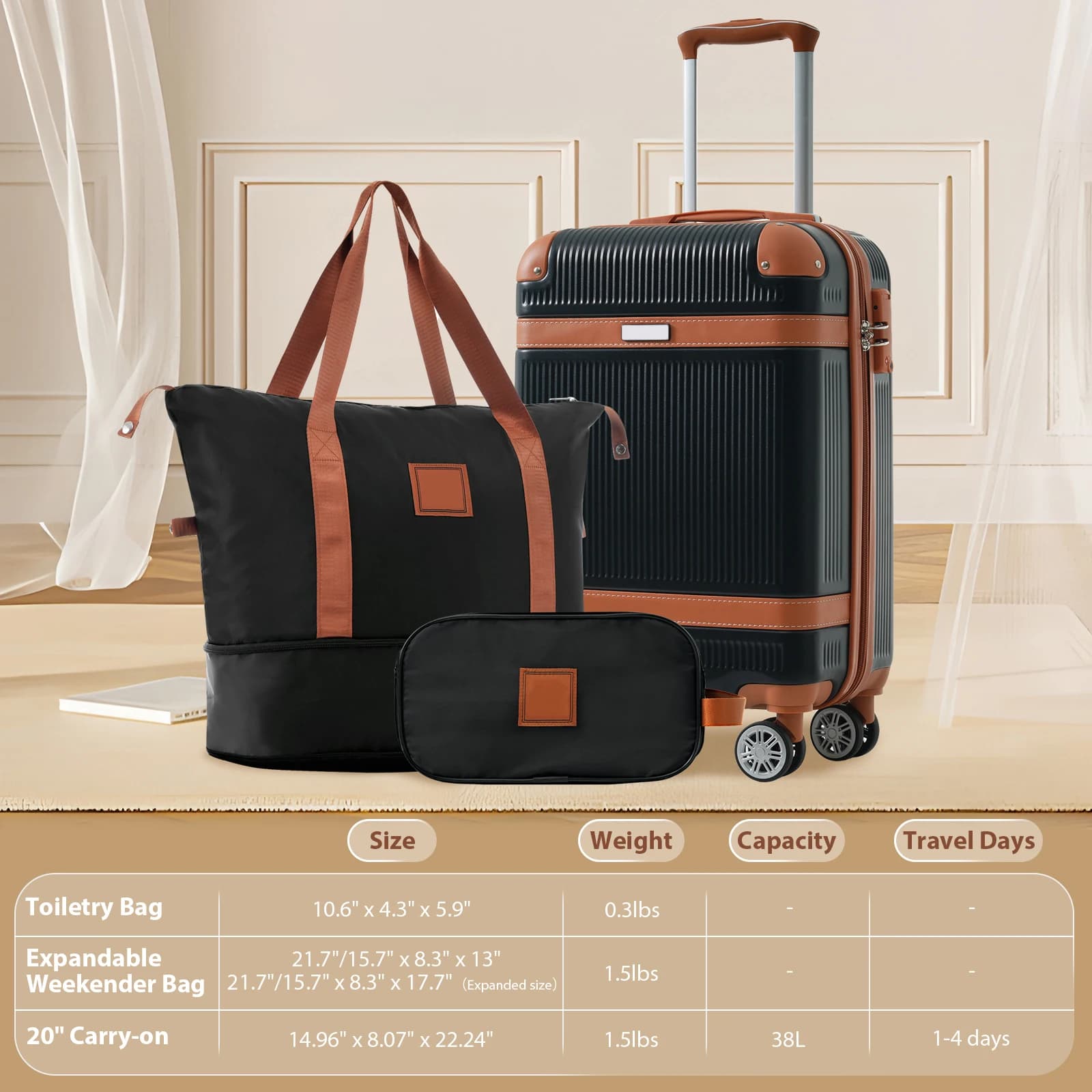 Set di valigie rigide Valigia da trasporto da 3 pezzi con doppia ruota e chiusura TSA, borsone da weekend, borsa da toilette (20 pollici)