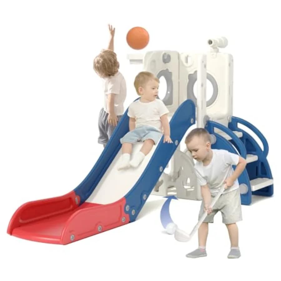 Scivolo 7 in 1 per Bambini da 1-3 Anni, per Interni ed Esterni, con Canestro da Basket e Set da Golf, Scivoli in Plastica