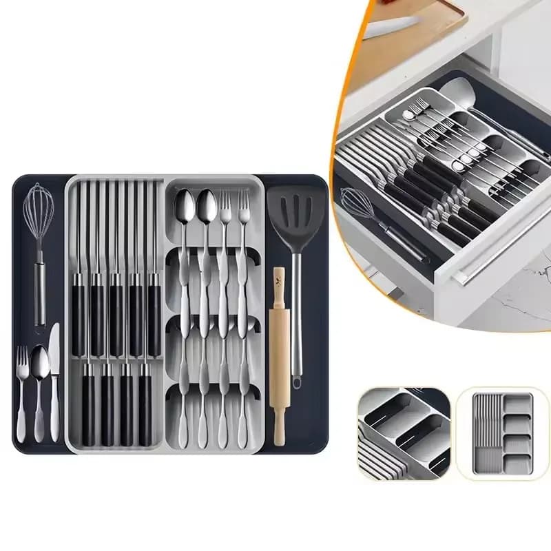 Organizer for drawers for expandable cutlery with knife holders Adjustable tray for cutlery and cutlery for spoons, forks, kitchen utensils