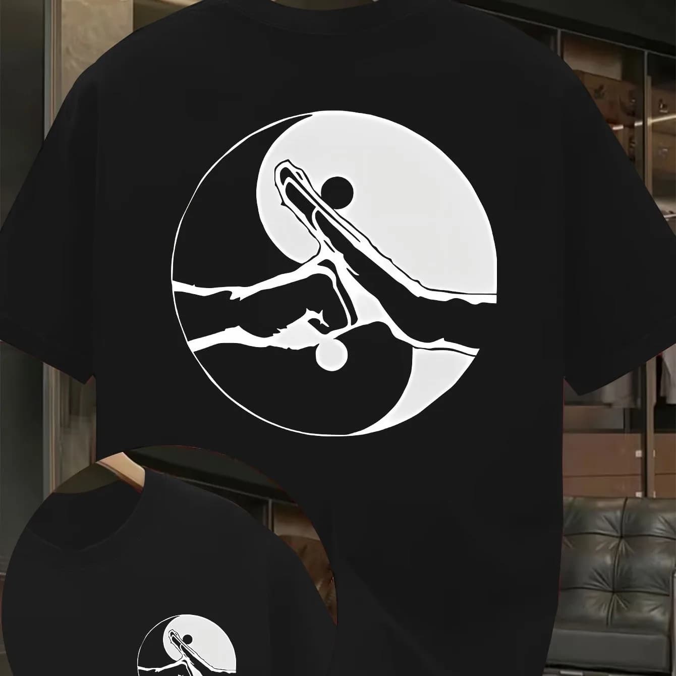 Yin Yang Fist Graphic Print Men's Cotton Crew Neck T-Shirt Loose Martial Arts Tee