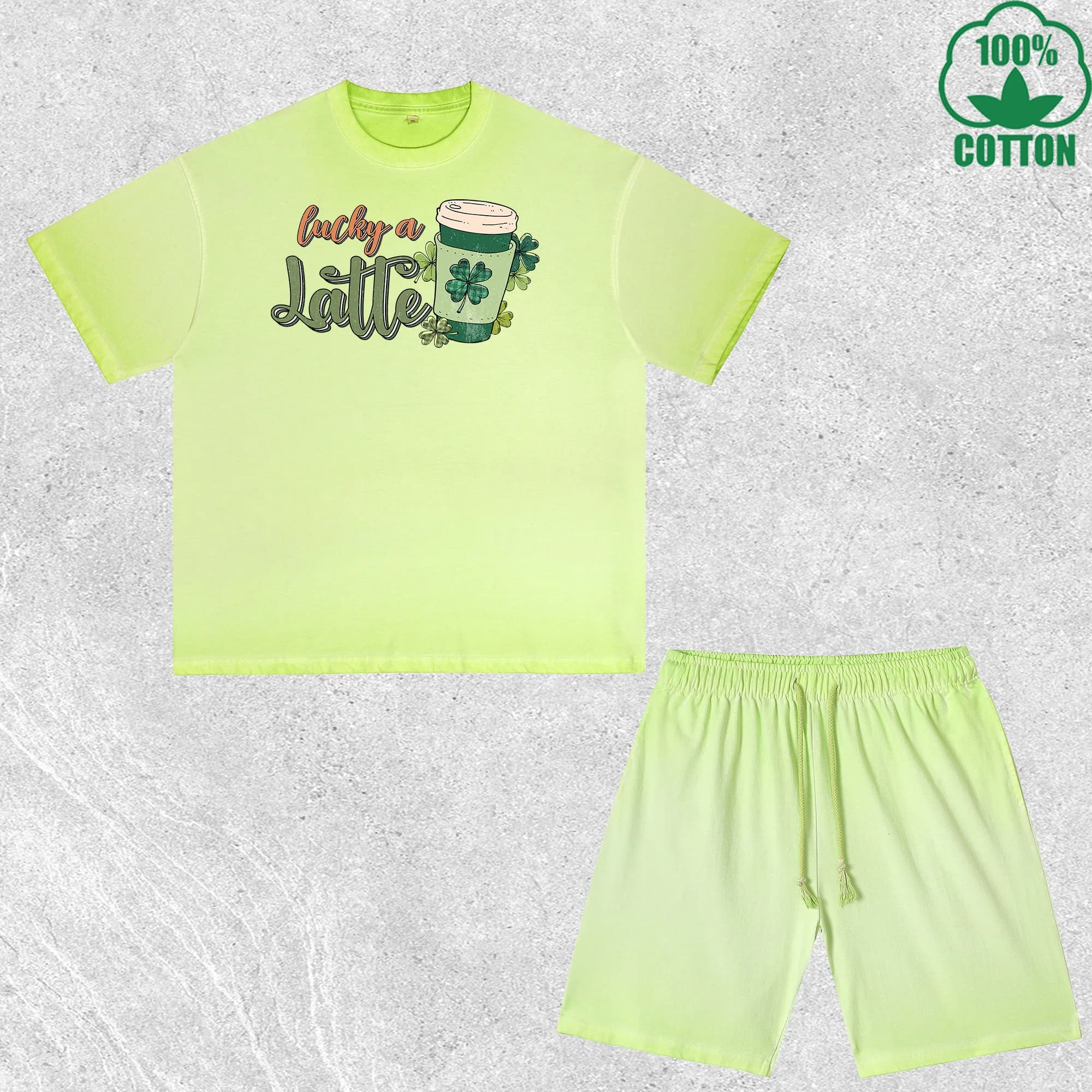 Set T-shirt e pantaloncini Saint Patrick a Latte stampati con lavaggio effetto sporco, multicolore, stile loose, trendy e alla moda, 100% cotone.