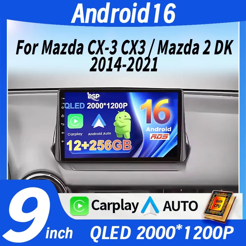 Autoradio Android 16 con Lettore Multimediale per Mazda CX-3 CX3 Mazda 2 DK 2014-2021, Navigazione GPS, Ventola di Raffreddamento, Stereo DSP